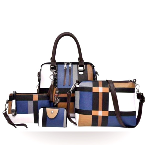 4Pcs Plaid Pattern Faux Leather Bag Set Blue - Picture 1 of 4